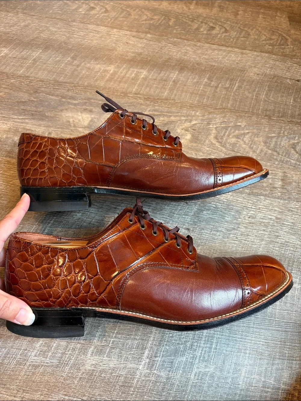 Stacy Adams Croc Print Oxford Mens 10.5 Brown Leather Lace Up Shoes